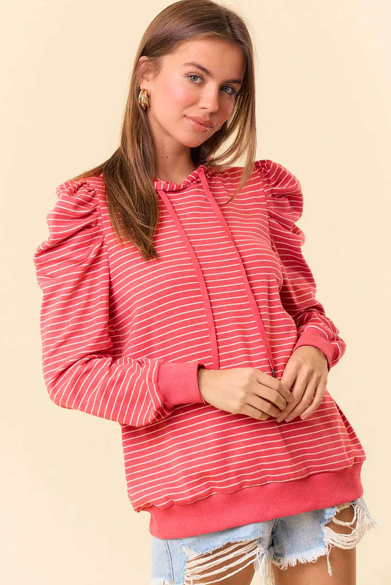 Red Stripe Puff Sleeve Stripe Hoodie