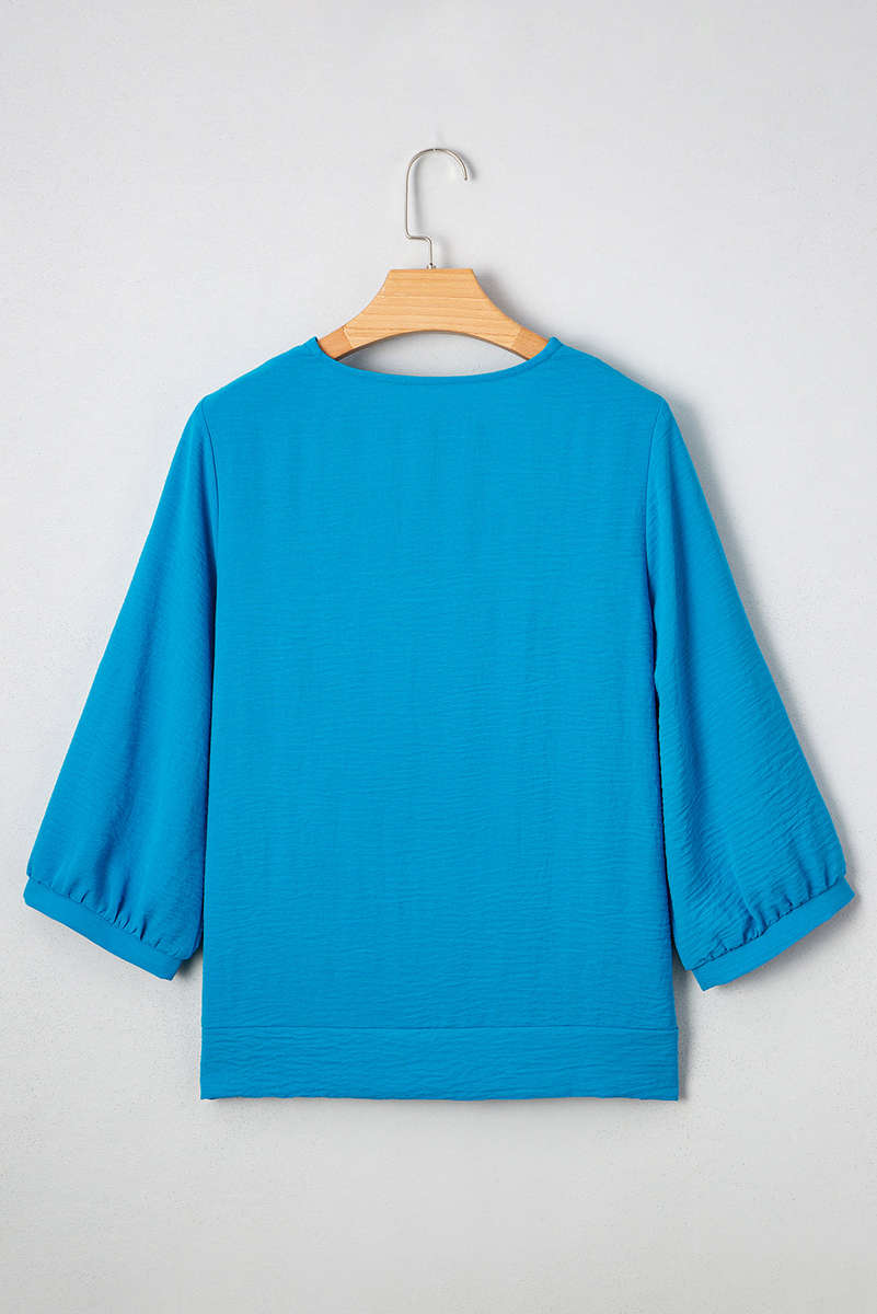 Sky Blue Frilled V Neckline Bracelet Sleeve Crinkled Blouse