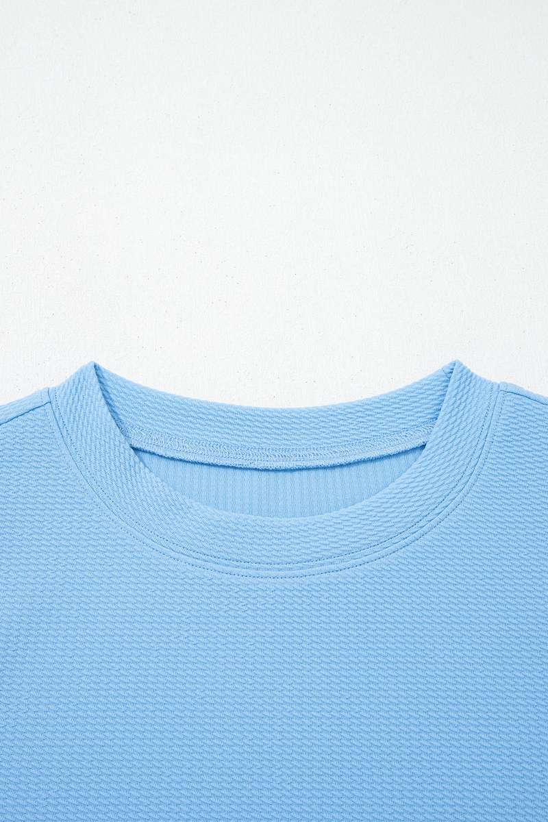 Light Blue Round Neck Textured Contrast Floral Bubble Sleeve Blouse