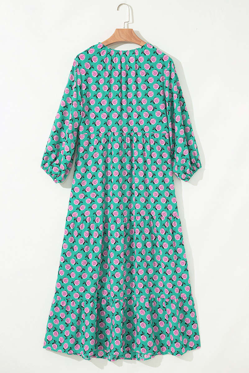 Green Boho Printed Half Sleeve Maxi Dress