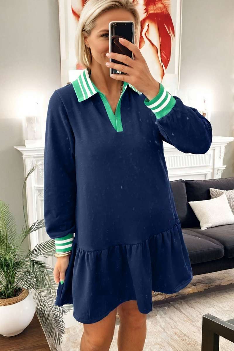 Navy Blue Contrast Striped Cuffs Polo Collar Patchwork Long Sleeve Ruffle Hem Mini Dress