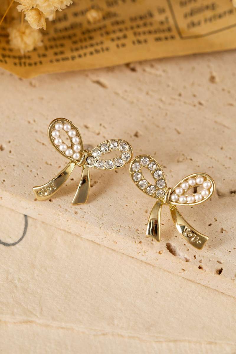 Gold Rhinestone Pearl Bow Earrings