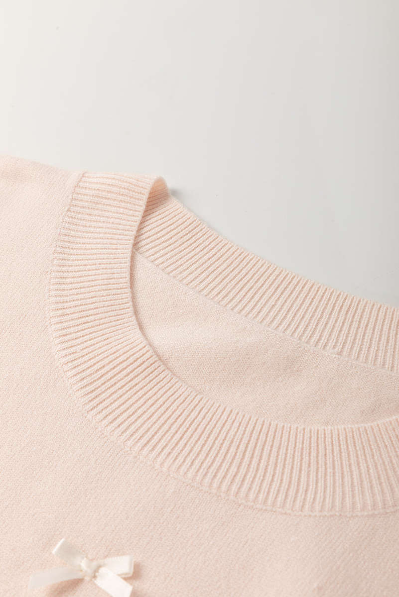 Oatmeal Pearl Bow Embellished Dolman Short Sleeve Sweater