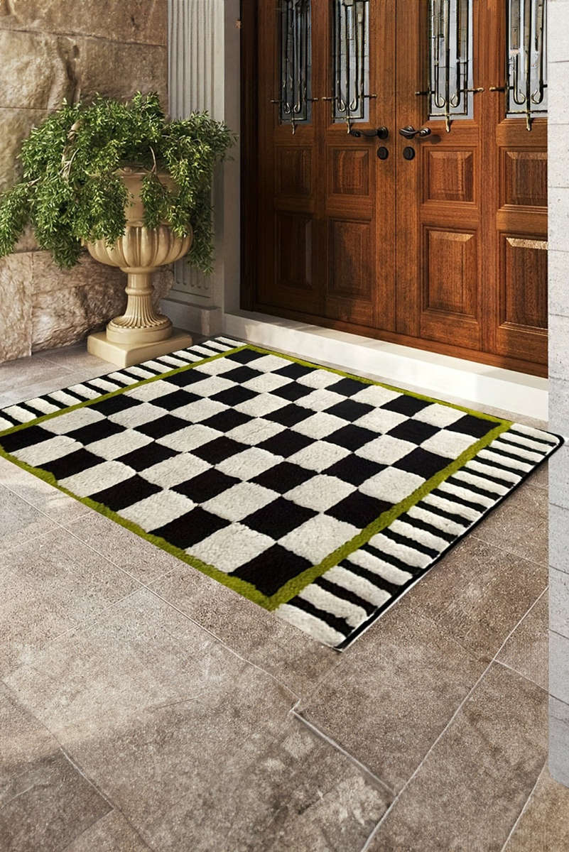 Spinach Green Square Trim Plush Checkered Striped Bath Rug
