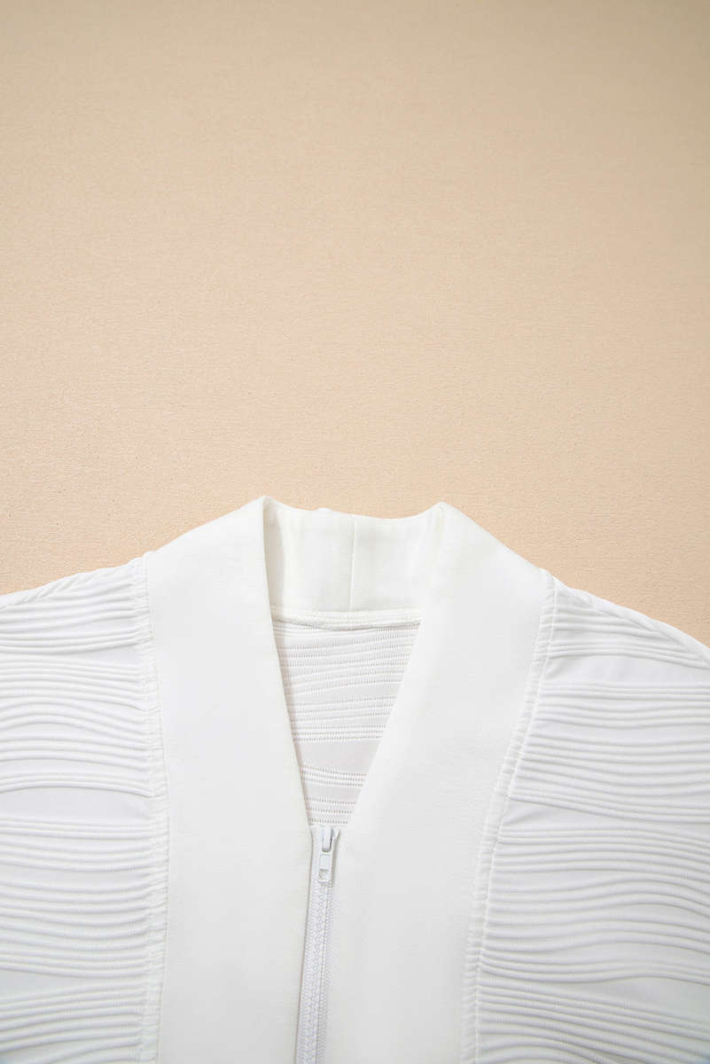 White Solid Color Textured Zip V Neck Pullover Sweatshirt