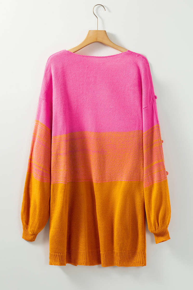 Multicolor Pompom Color Block Open Front Cardigan