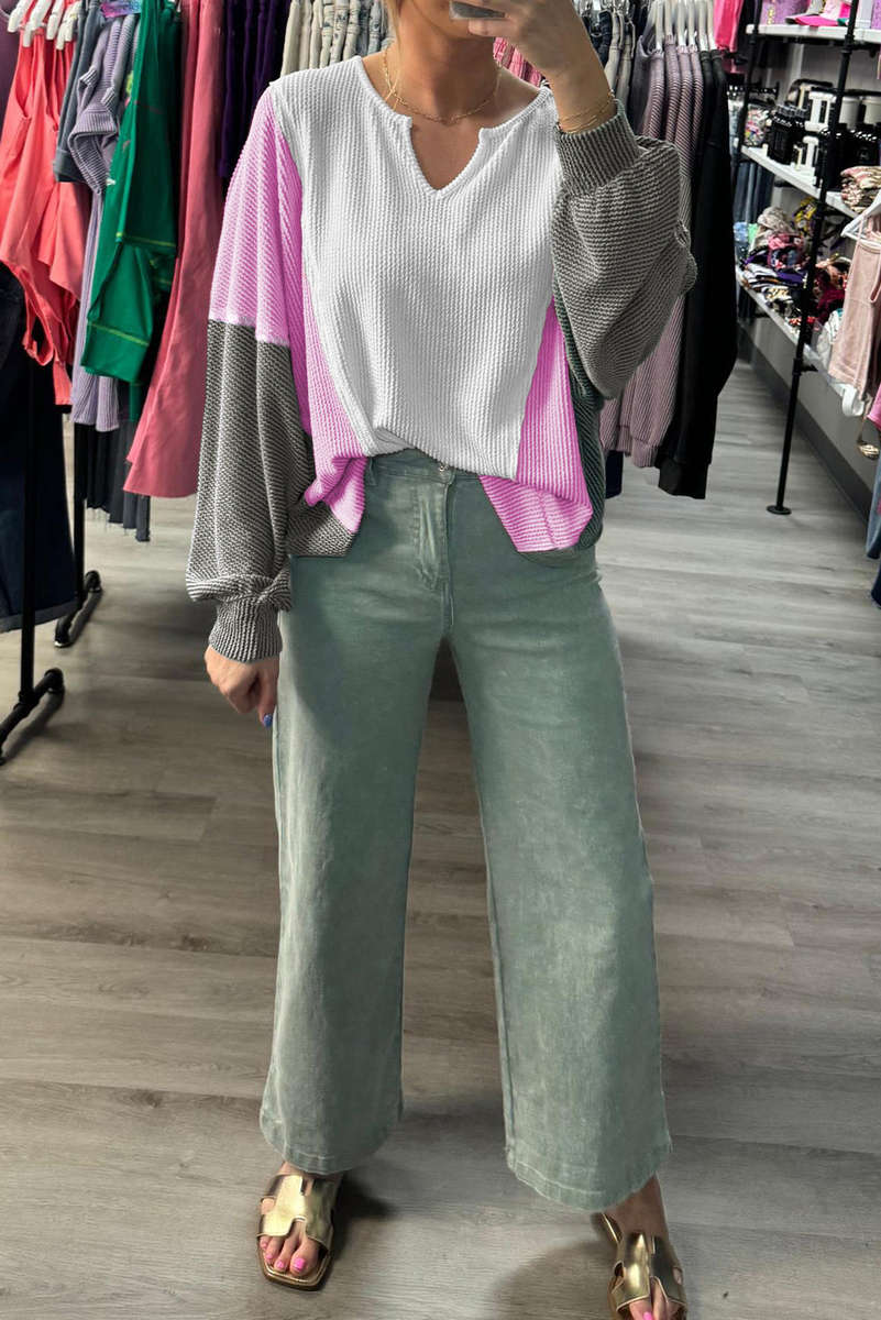 White Spiral Ribbed Raw Seam Color Block Patchwork Long Sleeve Top