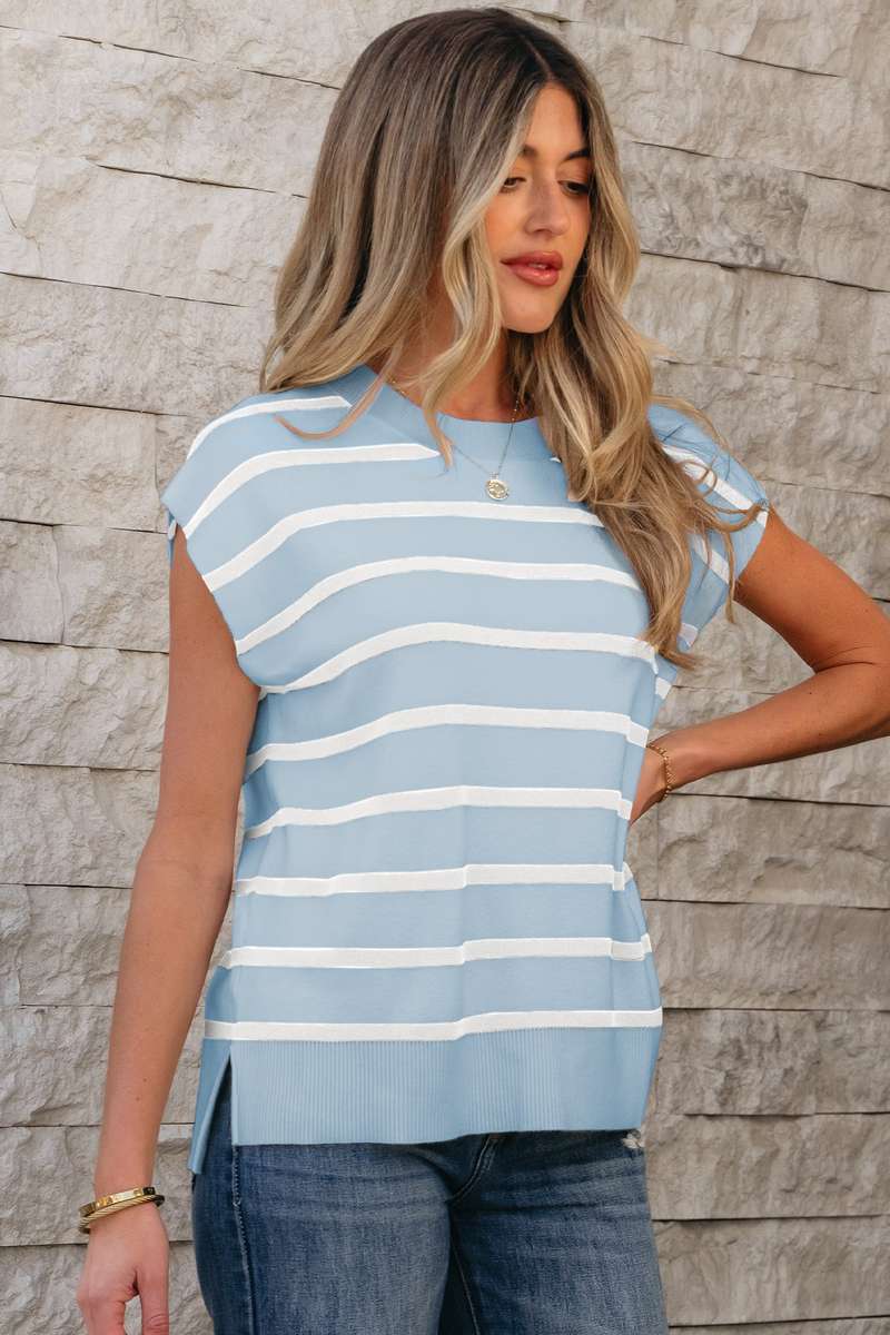 Beau Blue Side Slits Crewneck Short Sleeve Sweater Tee