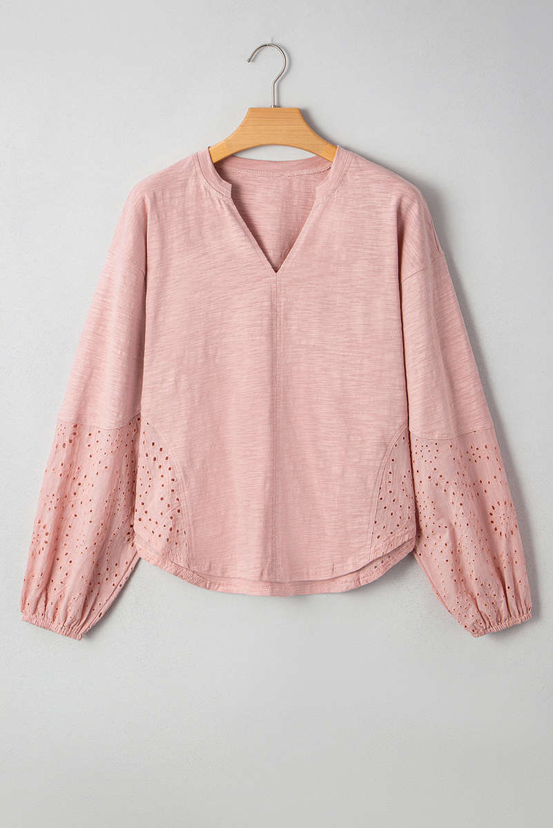 Light Pink Keyhole Notch V Neck Batwing Sleeve Blouse