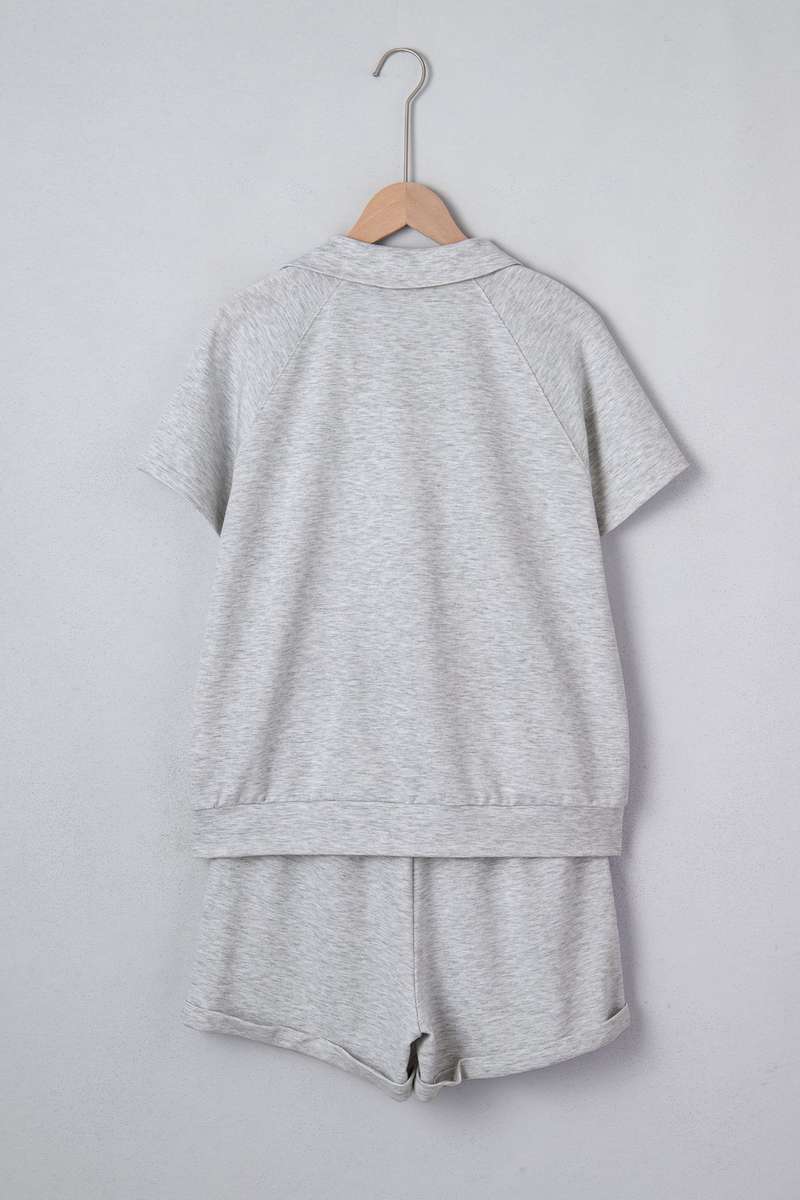 Light Grey Collared V Neck Tee Drawstring Elastic Waist Shorts 2pcs Outfit