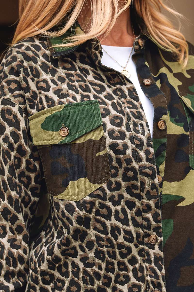 Brown Leopard Camo Patchwork Oversize Shacket