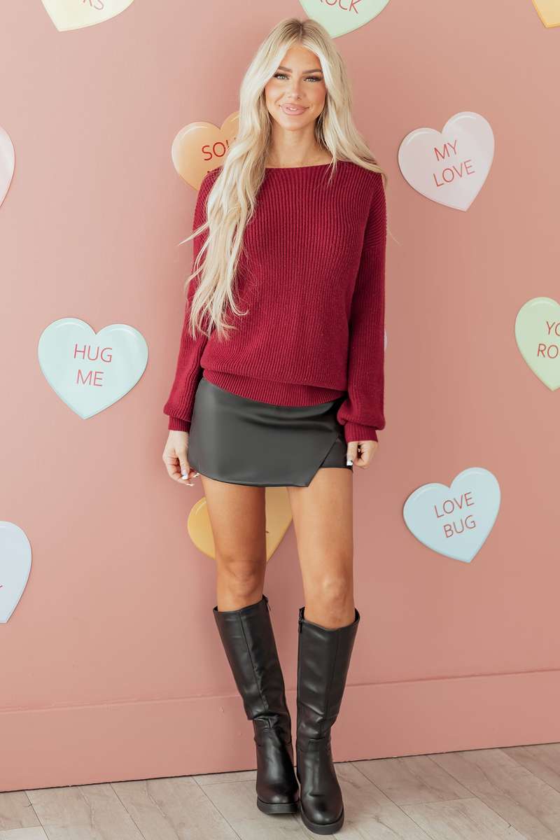 Red Dahlia Ribbed Knit Ribbon Knot Backless Drop Shoulder Sweater