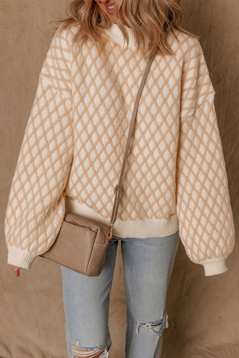 Smoke Gray Rhombus Textured Knit Mock Neck Sweater