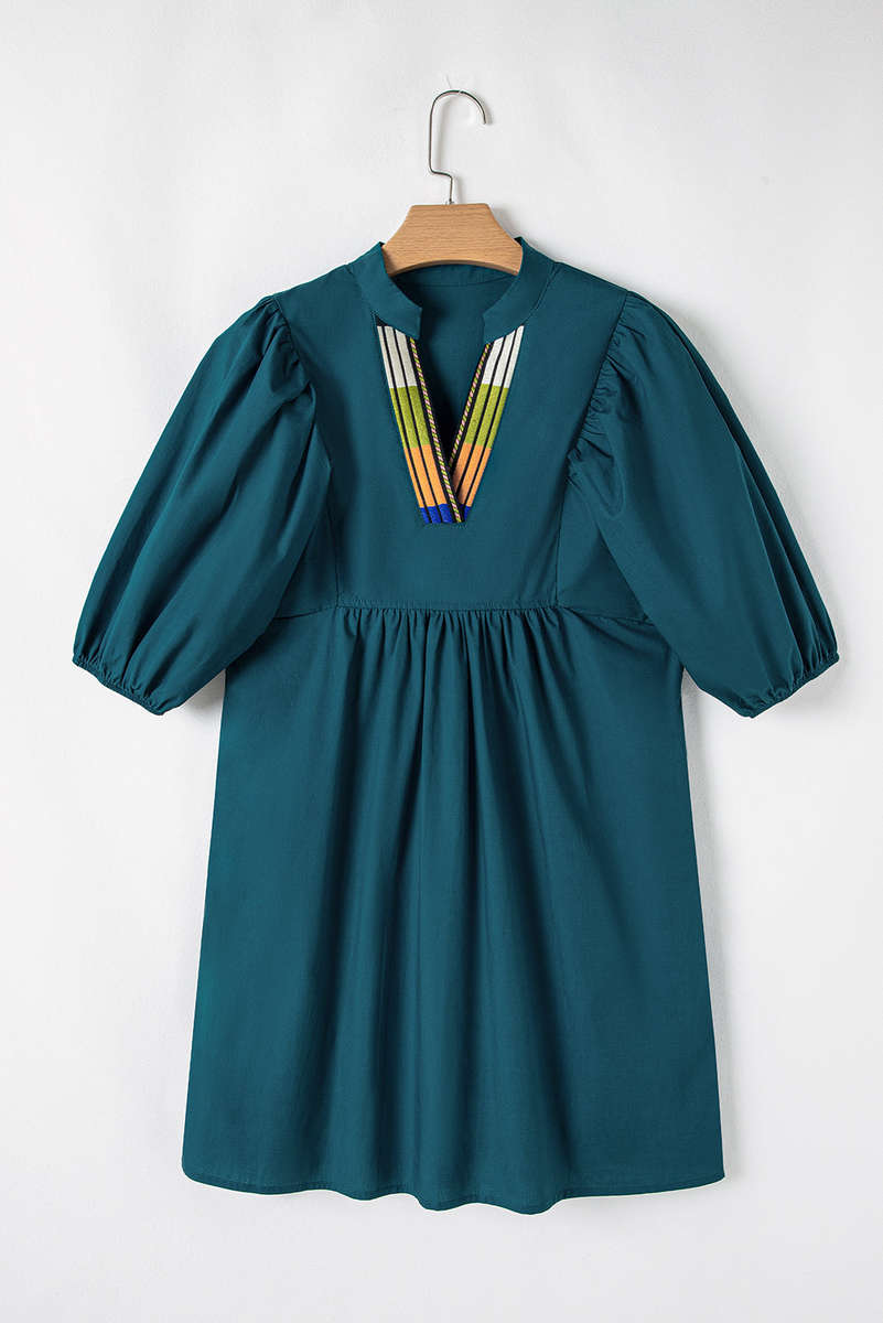 Blue Sapphire Colorblock Split V Neck Puff Sleeve Mini Dress