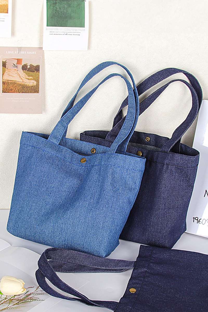 Navy Blue Vintage Denim Snap Button Tote Bag
