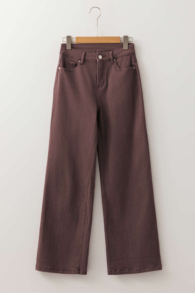 Coffee Loose Straight High Waist Solid Color Jeans