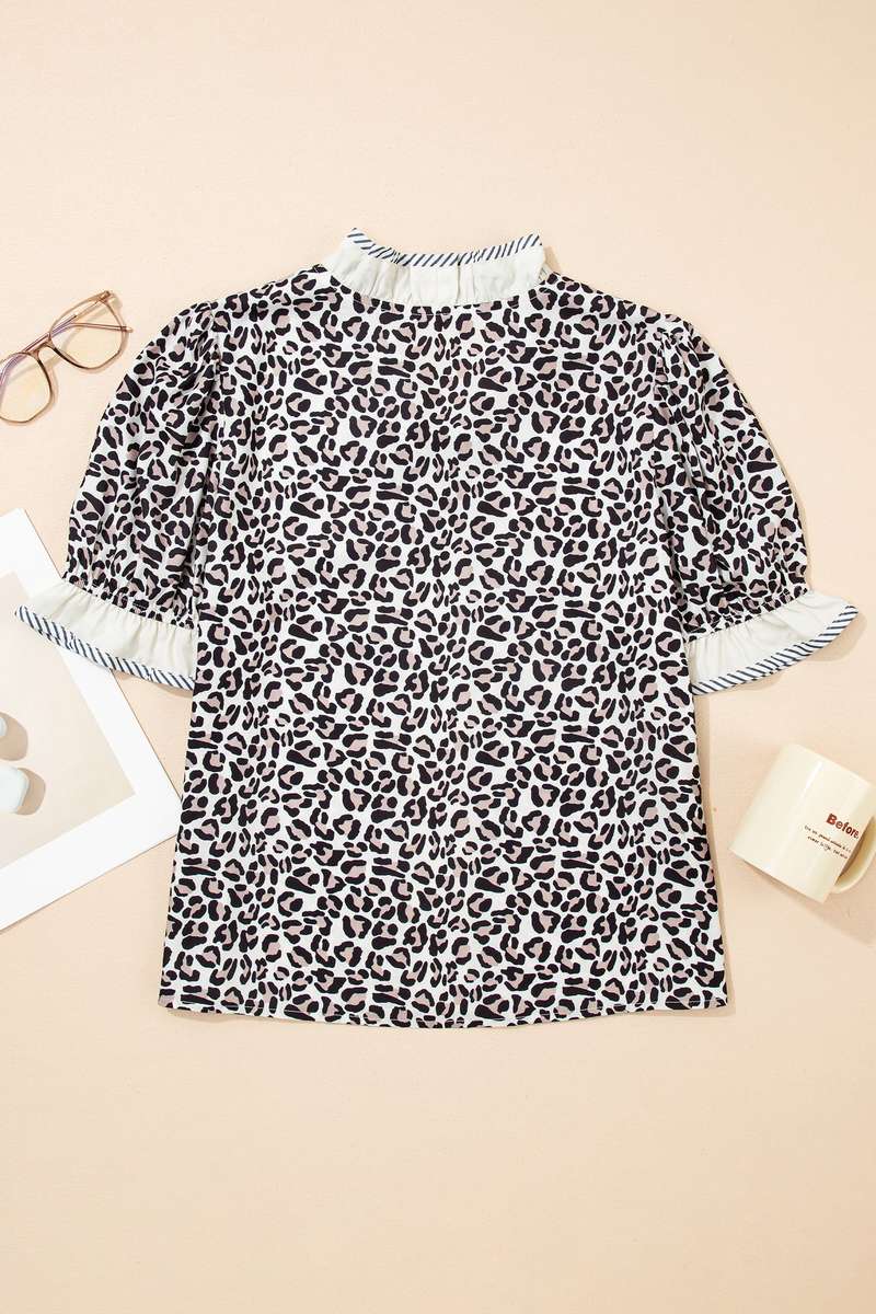 Black Leopard Print Striped Ruffled Color Block Trim V Neck Short Sleeve Blouse