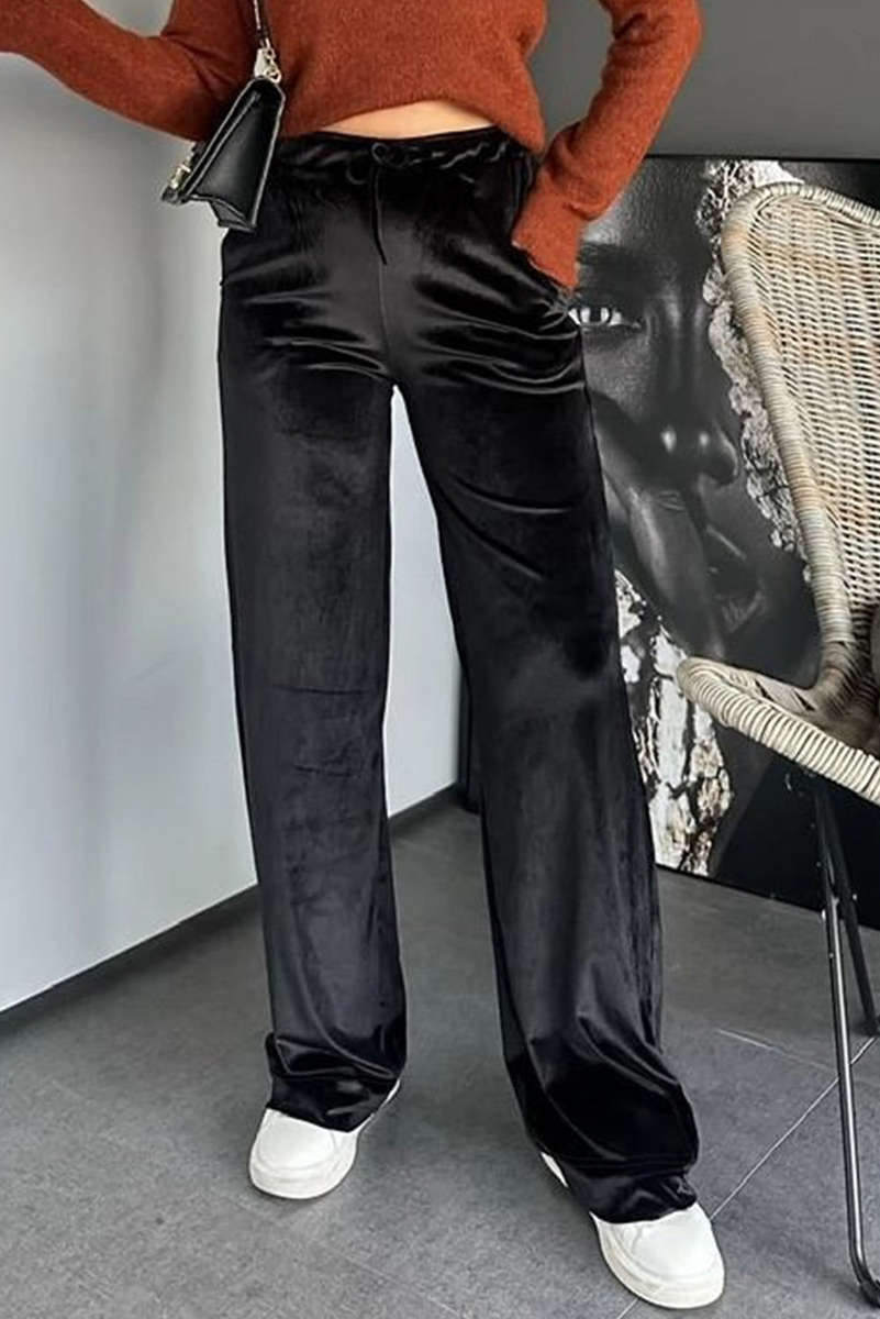Black Shiny Velvet Drawstring High Waist Straight Leg Casual Pants