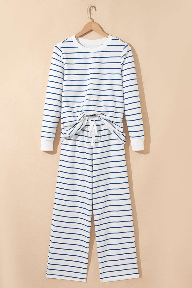 Sail Blue Striped Long Sleeve Top Drawstring Wide Leg Pants 2pcs Outfit