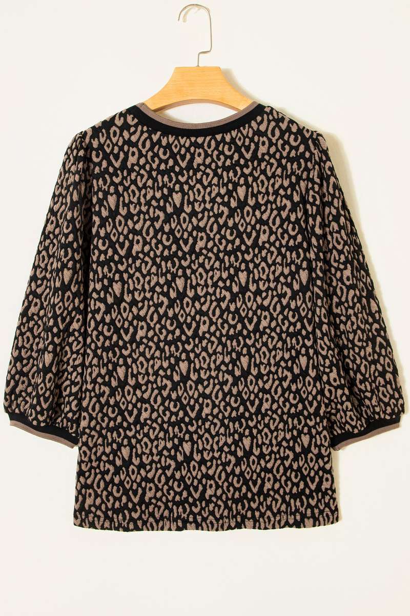 Black Leopard Print Puffy Bracelet Sleeve Contrast Trim Round Neck Top