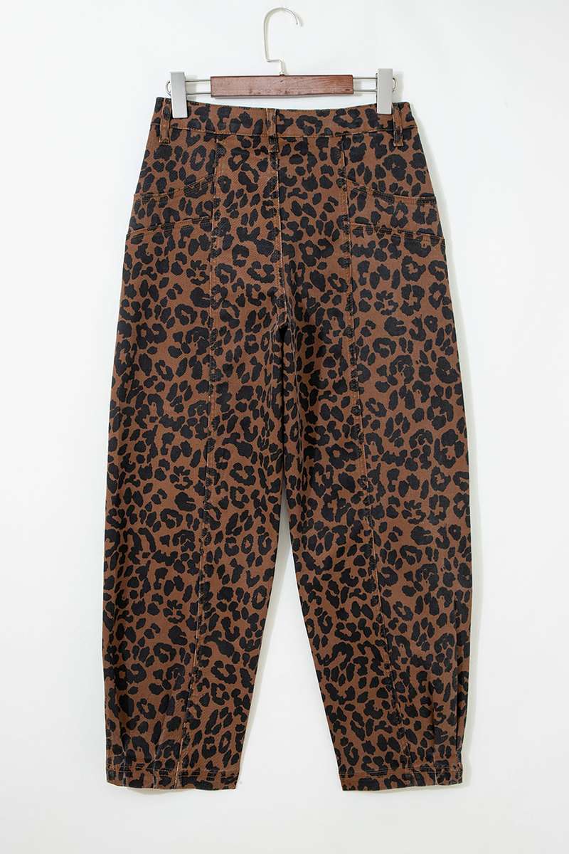 Brown Clear Seam Detail Patchwork Leopard Print Jeans