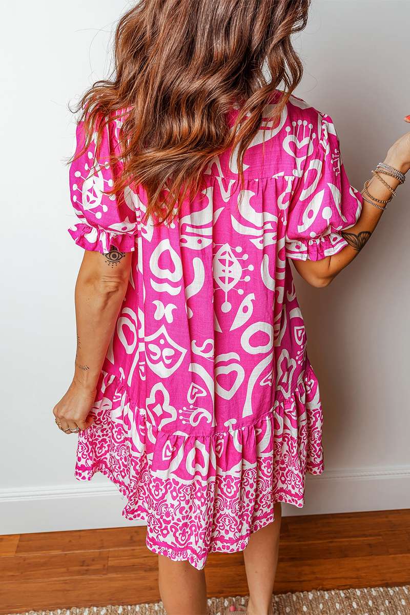 Rose Boho Mixed Print Contrast Trim V Neck Short Sleeve Flared Dress