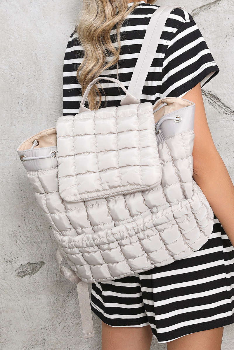 Medium Grey Solid Flapped Quilted Puffer Backpack