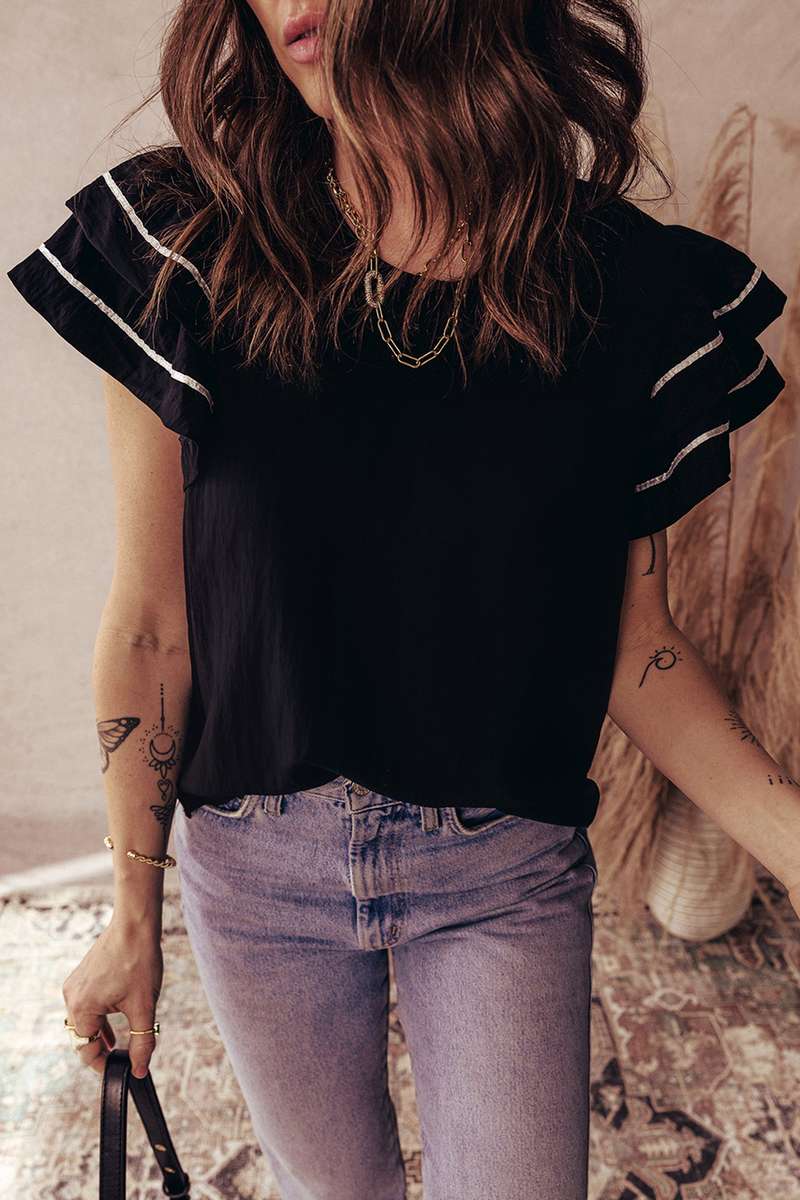 Black Contrast Trim Dual Ruffle Short Sleeve Textured Blouse