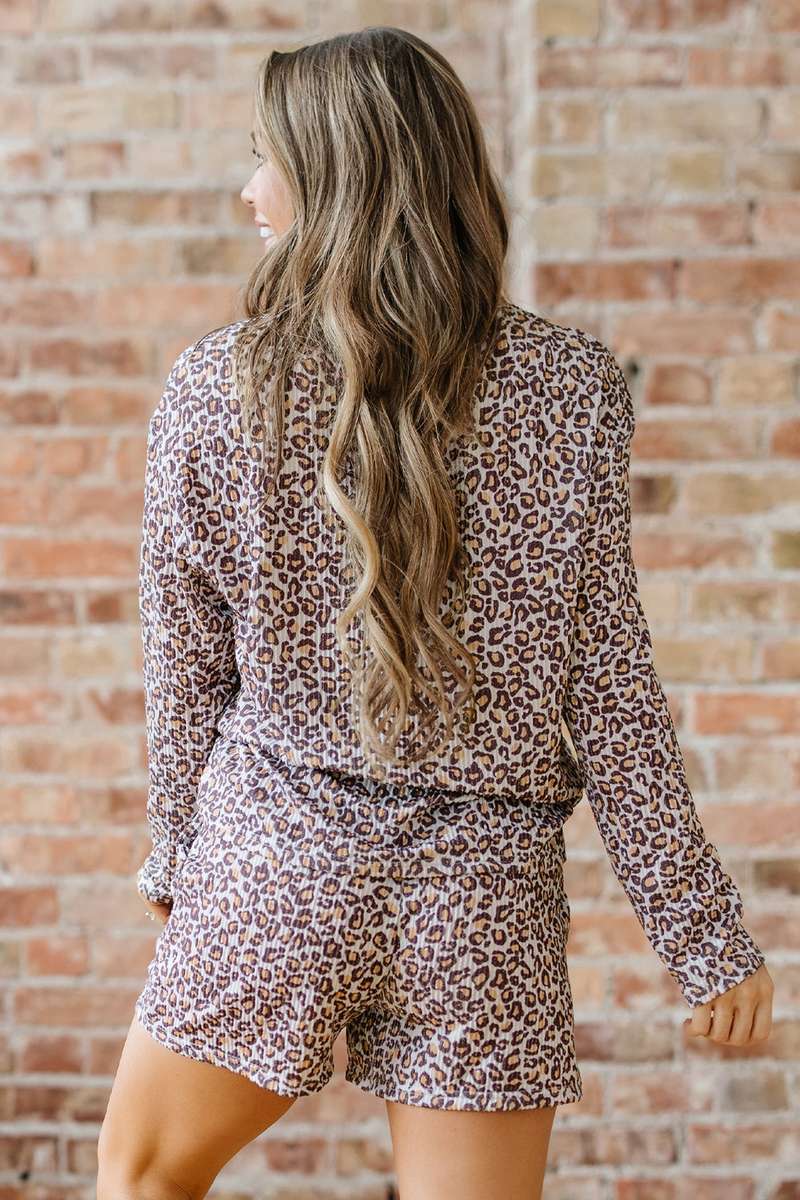 Khaki Leopard Ribbed Long Sleeve Top Drawstring Shorts 2pcs Outfit
