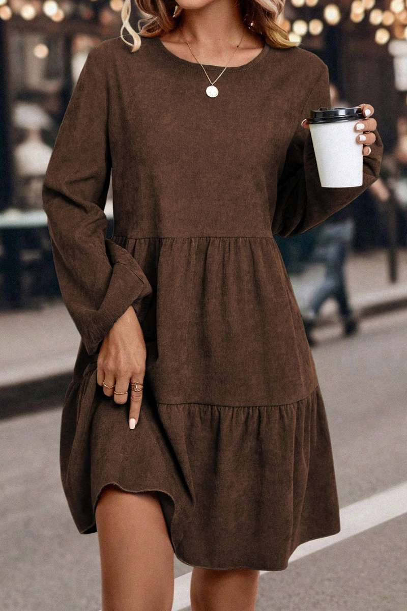 Dark Brown Lantern Sleeve Tiered Mini Dress