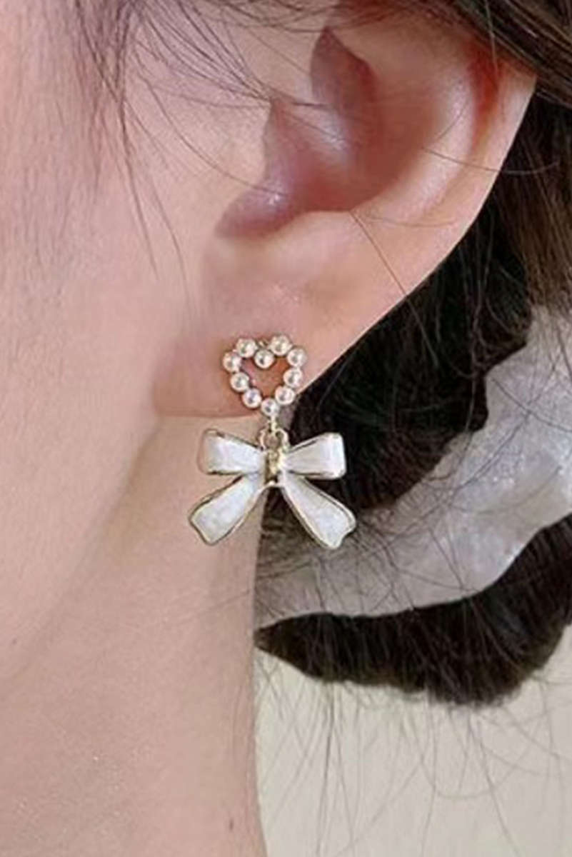 Gold Pearled Heart Shape Bow Knot Dangle Earrings