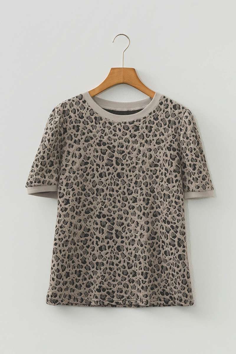 Khaki Textured Leopard Print Crew Neck Short Sleeve Top
