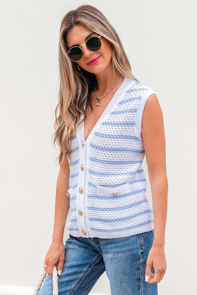Sky Blue Stripe V Neck Gold Buttons Elegant Sweater Vest