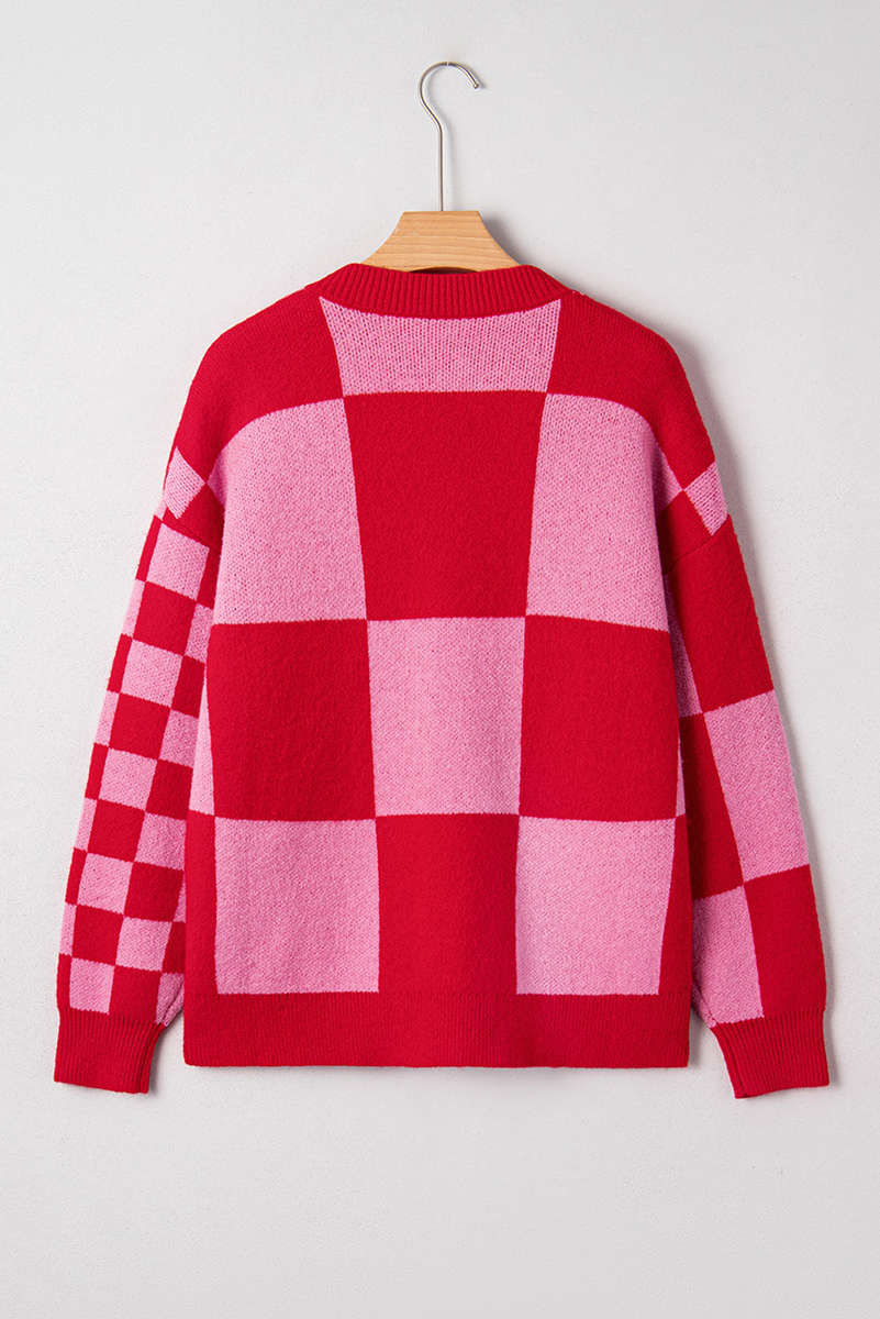 Fiery Red Mixed Plaid Relaxed Sweater Cardigan