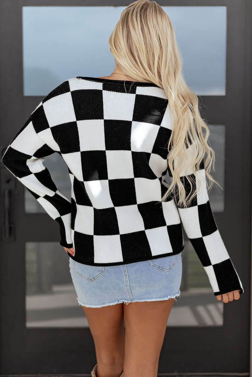 Black Checked Notched Neckline Drop Shoulder Knit Sweater