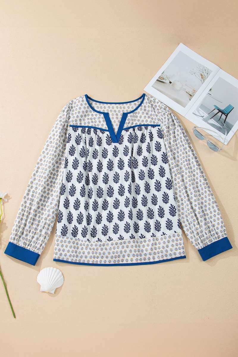 White Plus Size Boho Floral Print Contrast Trim Split Neck Puff Sleeve Patchwork Blouse