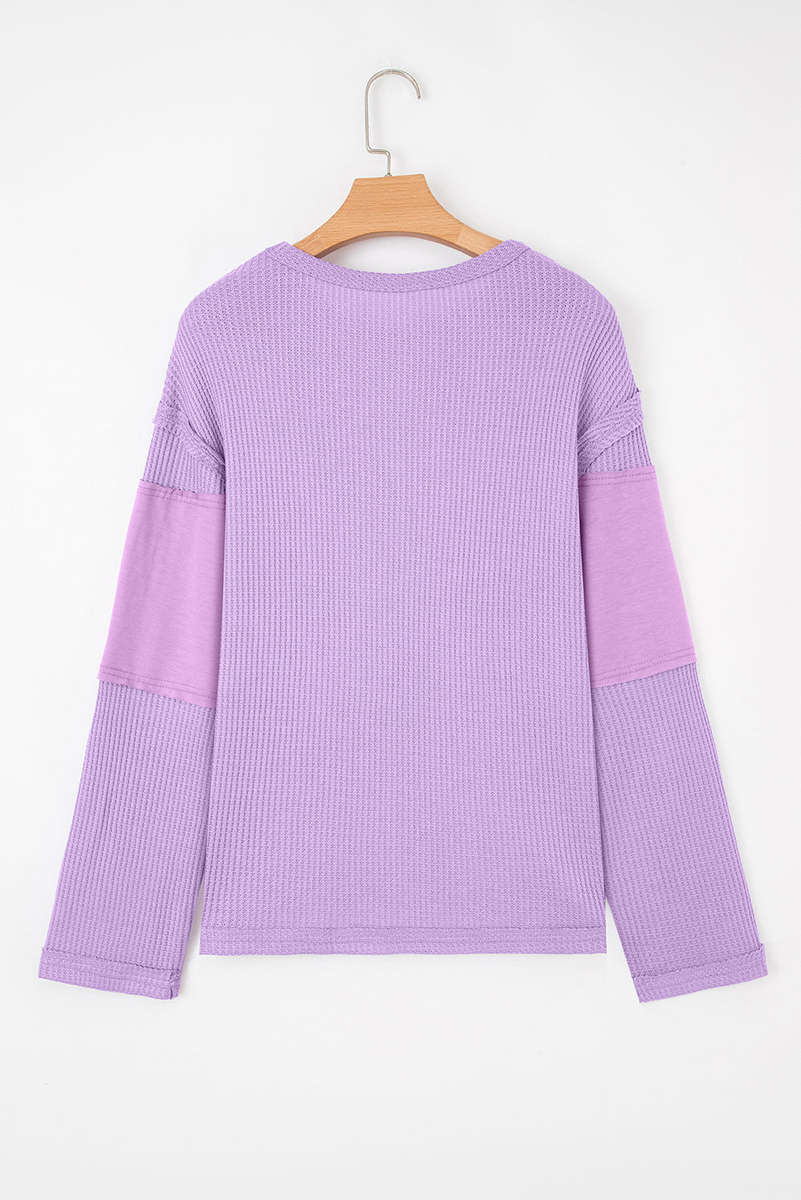 Phalaenopsis Thermal Knit Contrast Textured Patchwork Long Sleeve Top