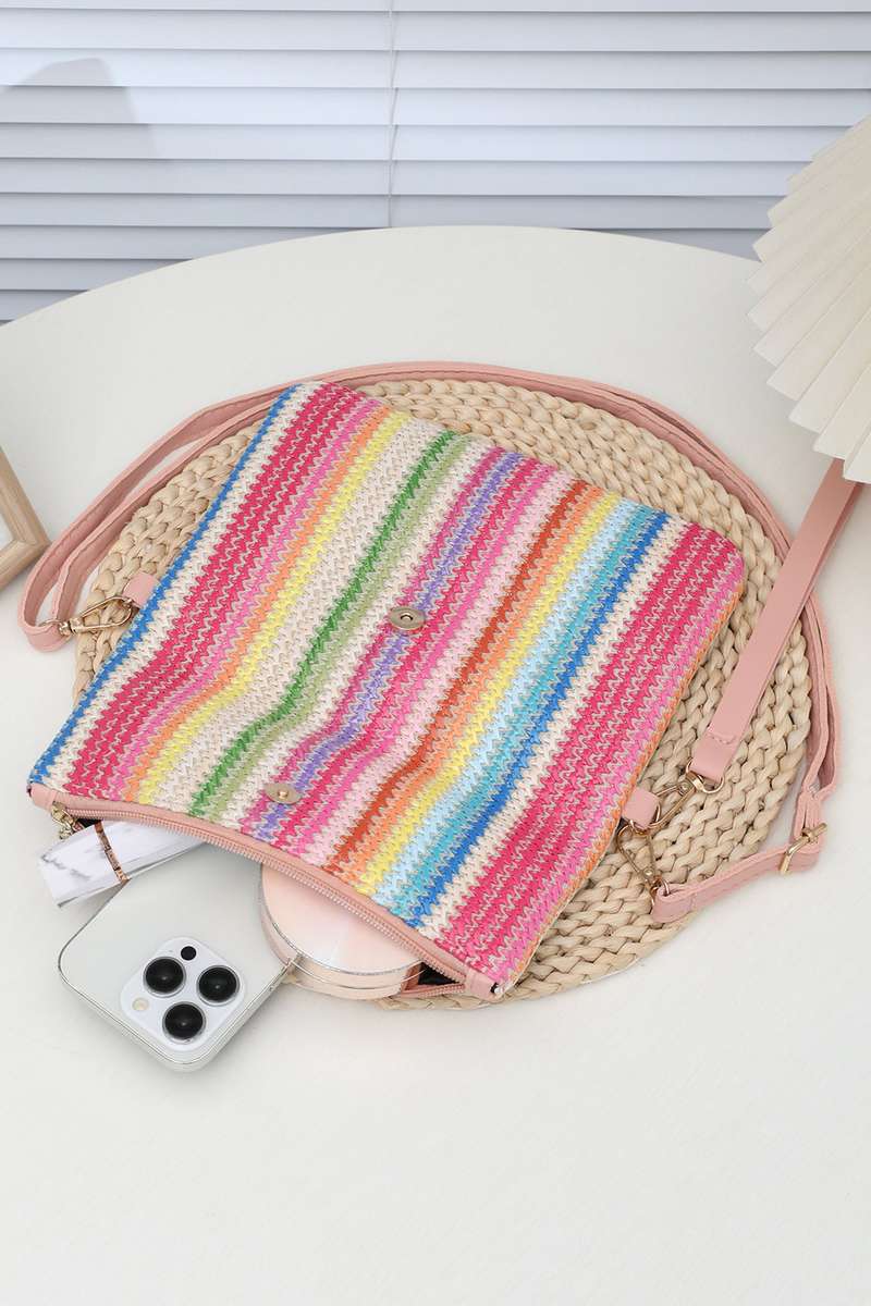 Pink Striped Straw Woven Zip Folded Magnetic Button Shoulder Bag