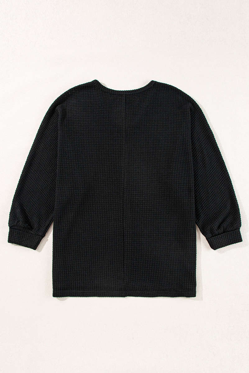 Black Waffle Knit Side Slits Loose Fit V Neck Top