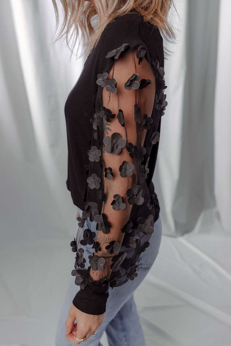 Black Flower Applique Mesh Long Sleeve V Neck Blouse