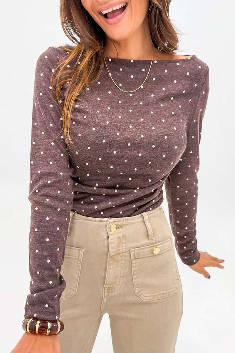 Dark Brown Polka Dot Boat Neck Knit Long Sleeve T Shirt