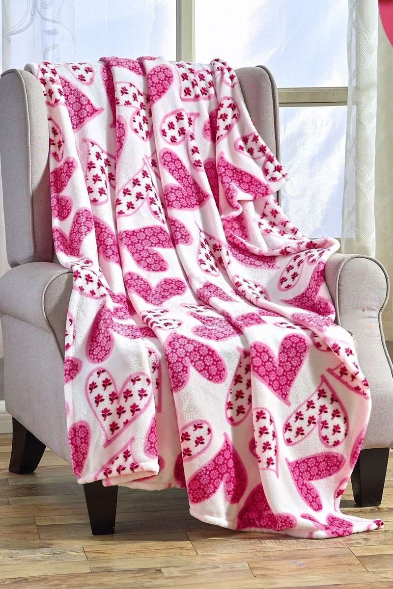 Bright Pink Floral Heart Ultra Plush Throw Blanket