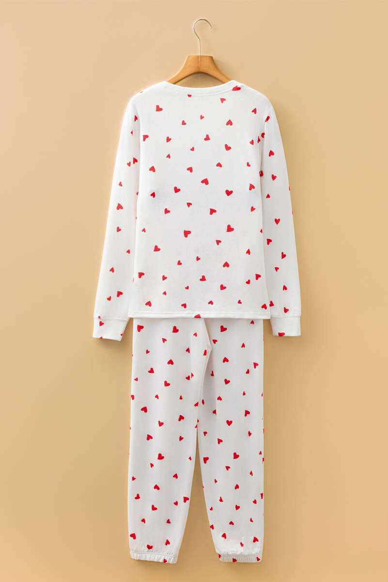 Fiery Red Tiny Hearts Printed Long Sleeve Top Drawstring Lounge Pant Set