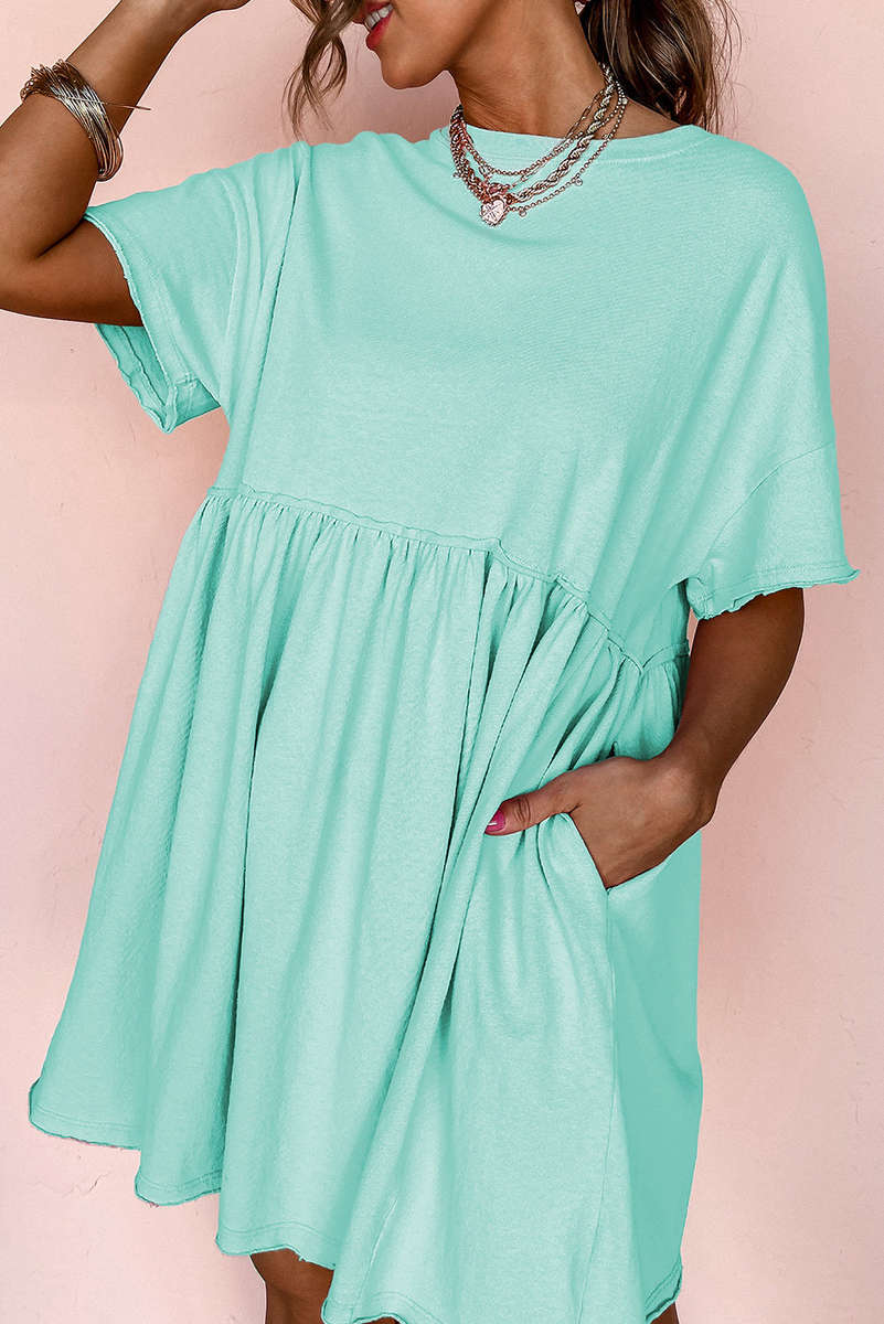 Moonlight Jade Solid Color Pocketed Raw Edge Babydoll Dress
