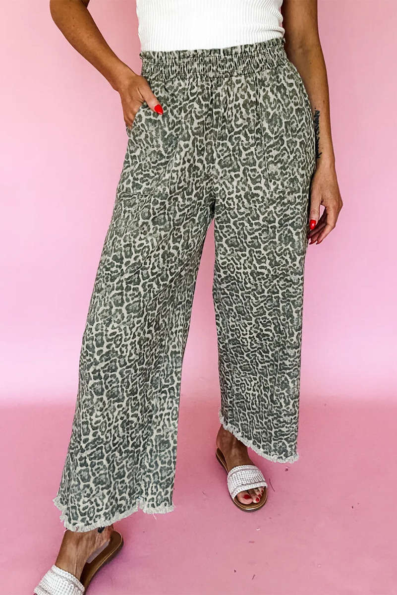 Brown Leopard Print Raw Hem Elastic Waist Loose Pull On Jeans