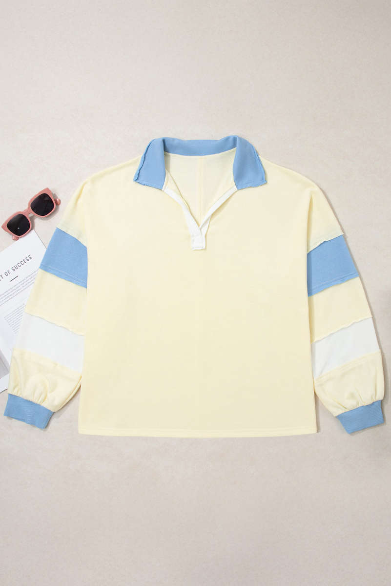 Yellow Cream Raw Seam Color Block Patchwork Plus Size V Neck Pullover