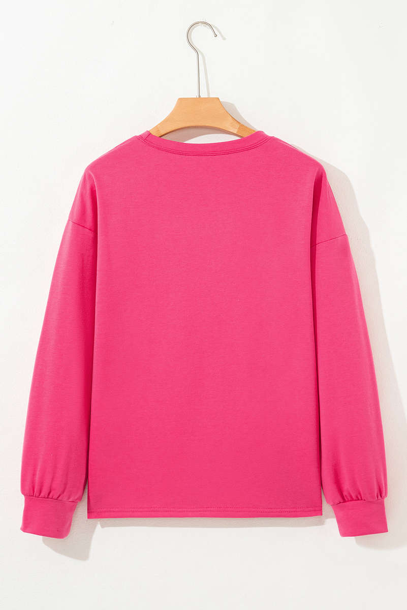 Strawberry Pink Floral Hemline Patchwork Round Neck Casual Top