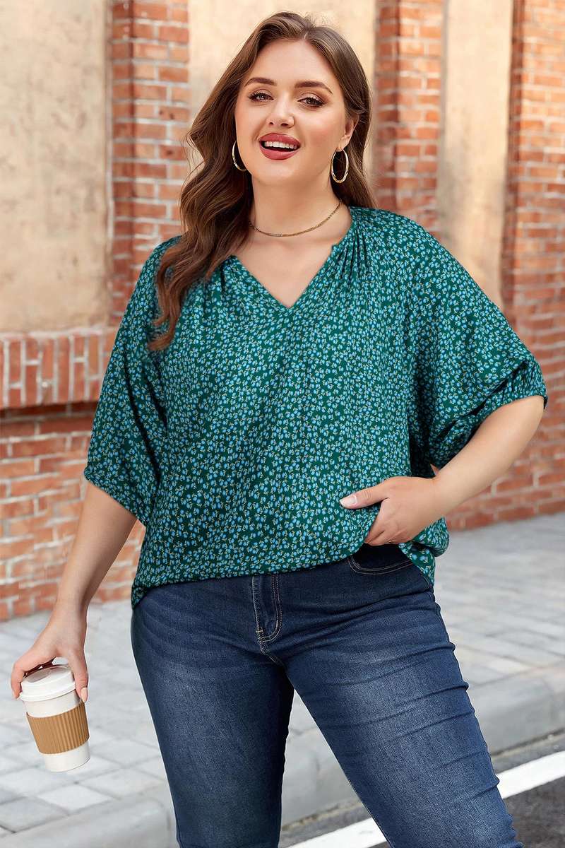 Green Boho Chic Notched V Neck Plus Floral Short Sleeve Top
