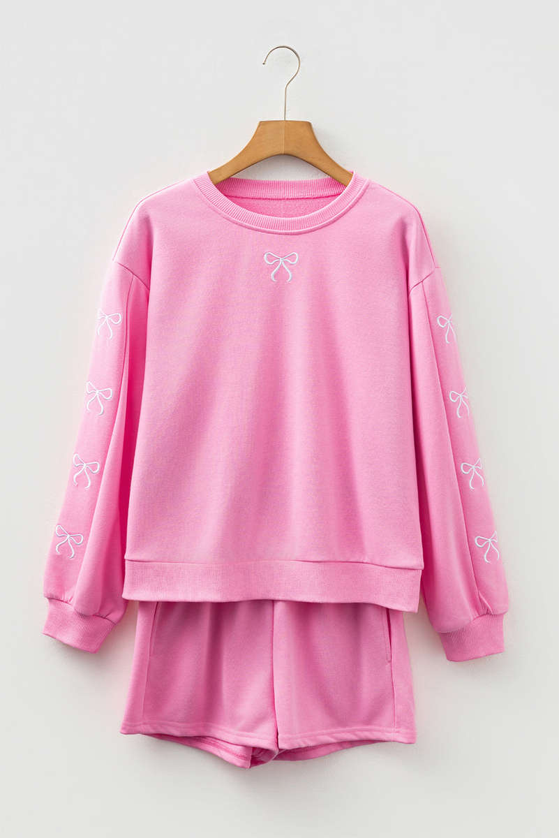 Sachet Pink Girly Bow Embroidered Detail Puff Sleeve Pullover 2pcs Short Set