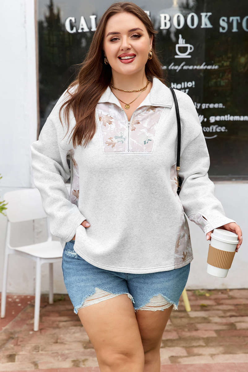 Gray Camo Leaves Patchwork Zipped Collar Pullover Plus Size Sweatshirt